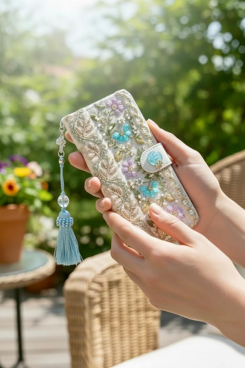 ビーズフラワー/ホワイト スマホケース/iPhoneケース1枚目の画像